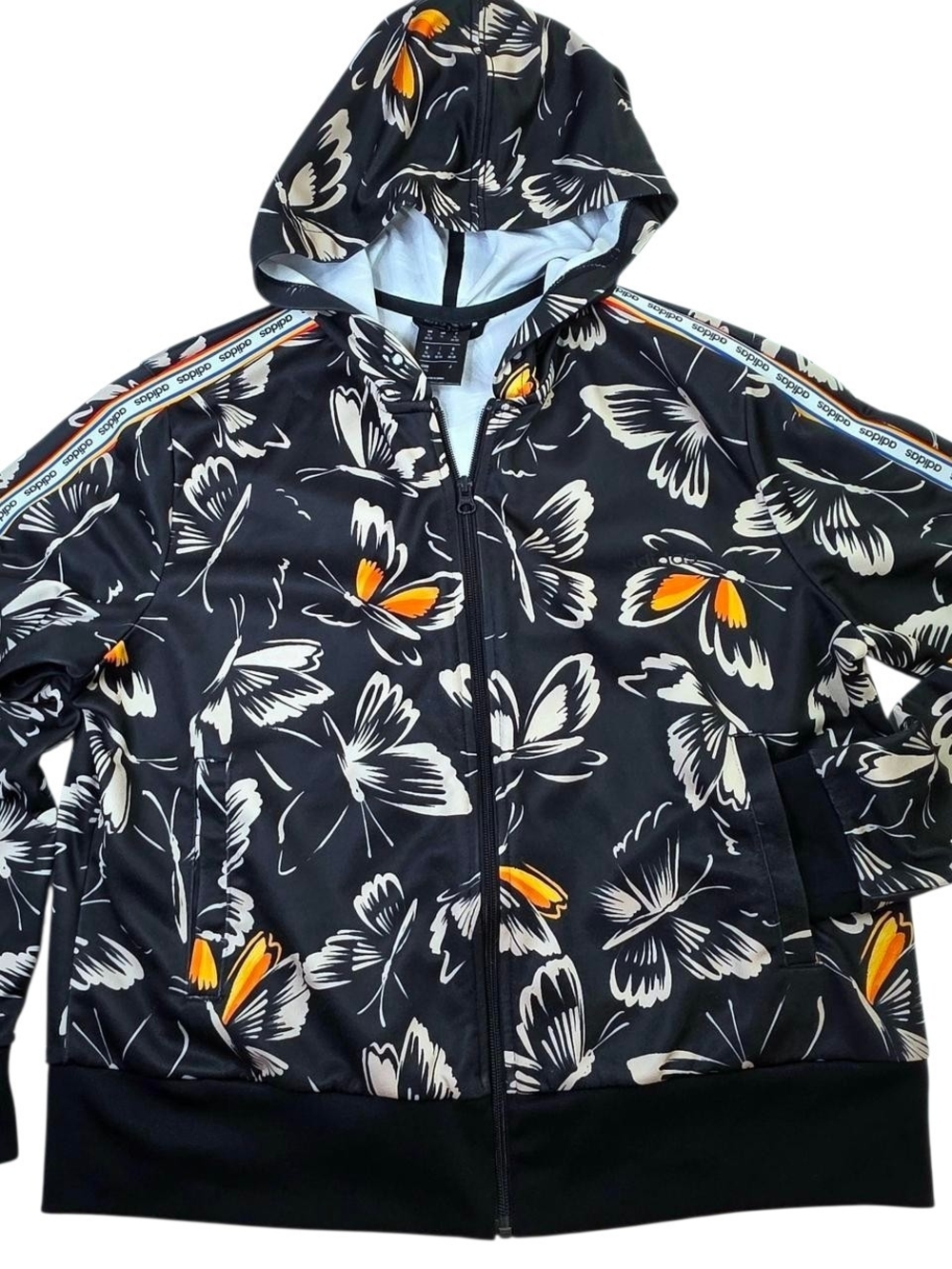 adidas Black Butterfly-Print Hooded Track Jacket with Orange Accents-Size XL